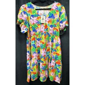 N80 NWT Easel 1X PTP 24.5" Tropical Bubble Sleeve V-Neck Babydoll Dress Pockets